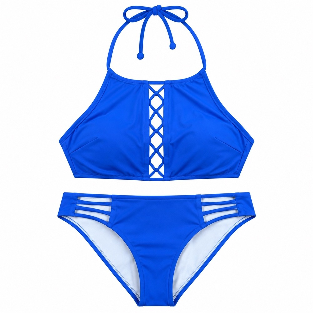PINK Victoria's Secret Blue High Neck Lace Up Bikini Strappy Medium swim beach